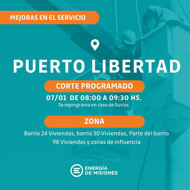 Energía de Misiones anunció un corte programado en Puerto Libertad